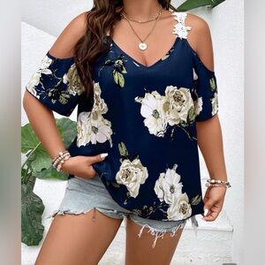 SHEIN Plus Floral Print Cold-Shoulder Blouse -1XL- NWOT